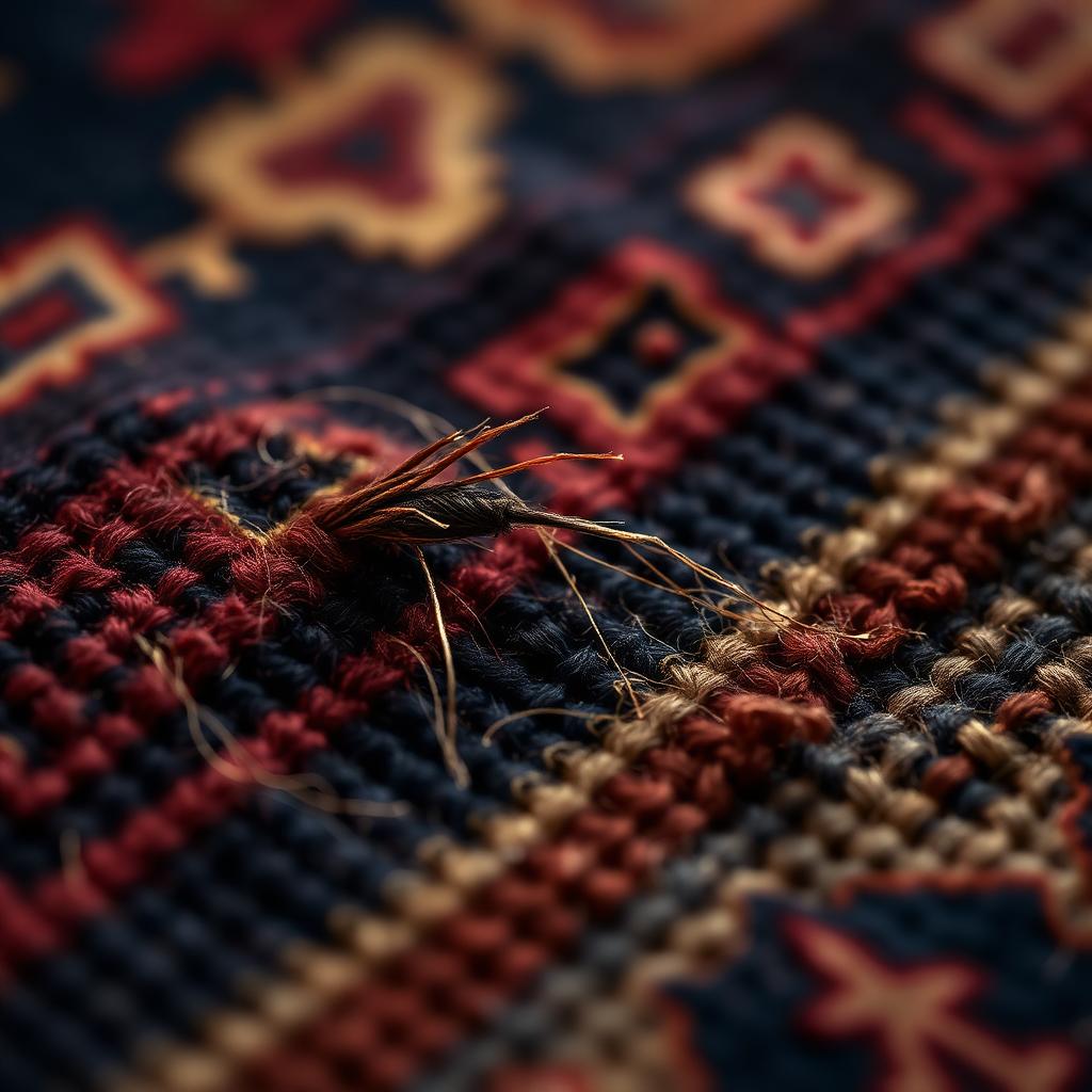 Détail macro de fibres et de tissage d'un tapis ancien — expertise textile Tapisseries Lesage, Belgique