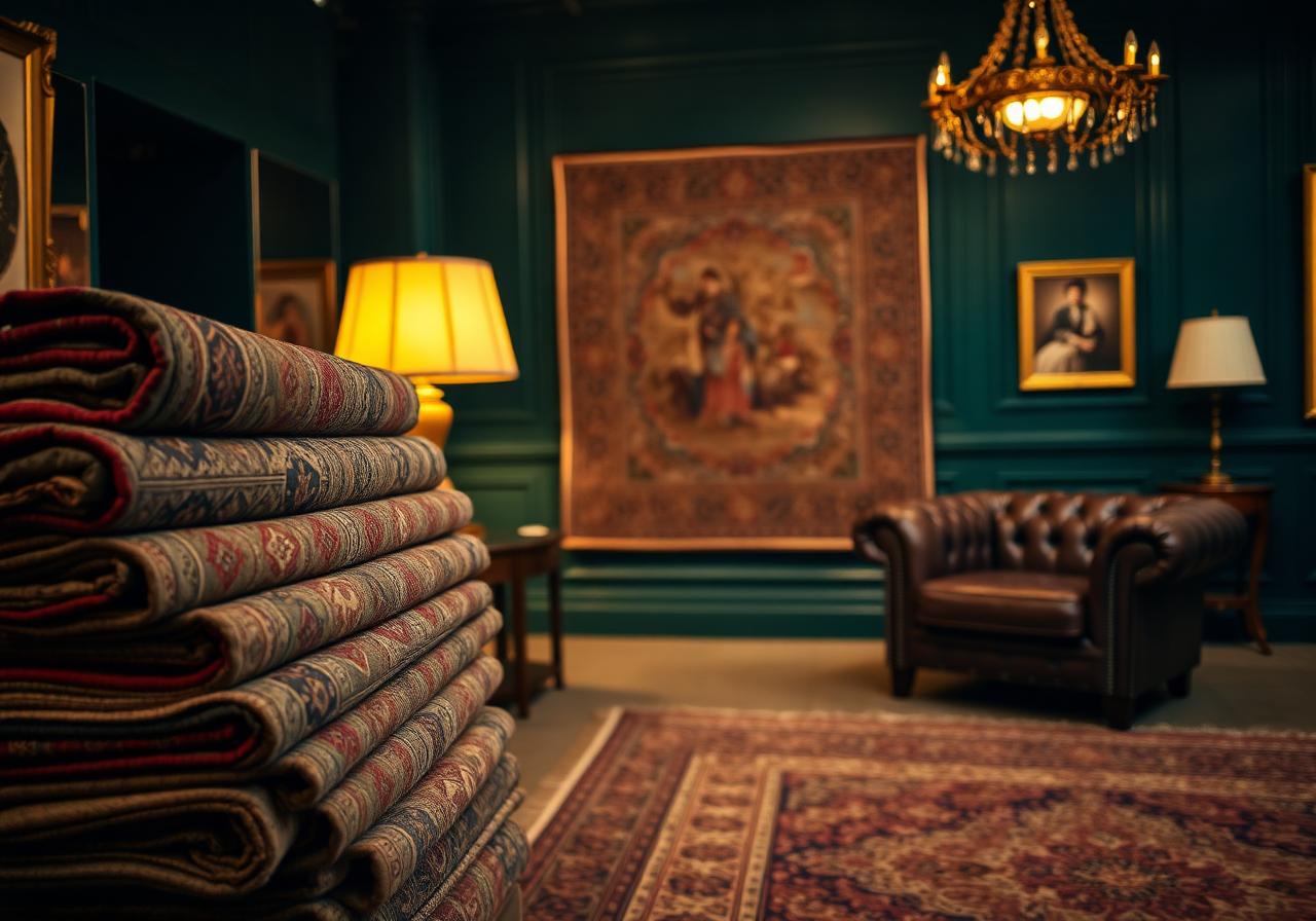 Showroom de tapis anciens roulés — estimation et rachat de tapis d'Orient, persans et de collection en Belgique