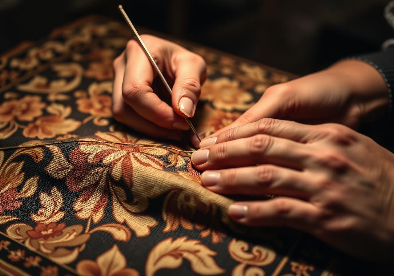 Restauration manuelle d'une tapisserie ancienne — fibres fines, fils, reprise du tissage par un artisan en Belgique